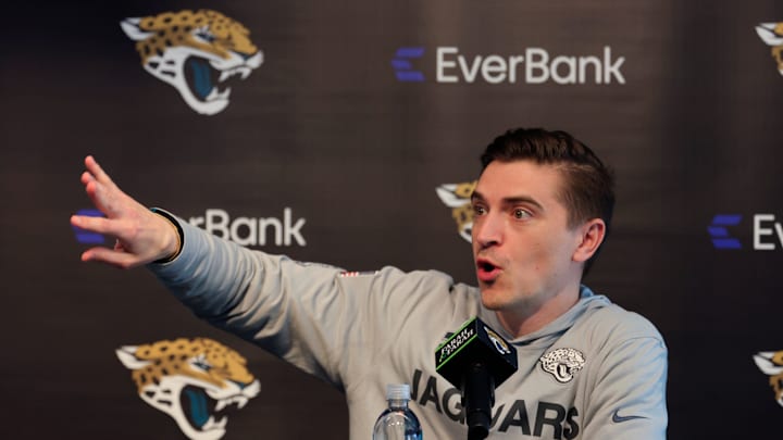 Jacksonville Jaguars general manager James Gladstone speaks during a press conference at Miller Electric Center Tuesday, April 15, 2025 in Jacksonville, Fla. [Corey Perrine/Florida Times-Union]