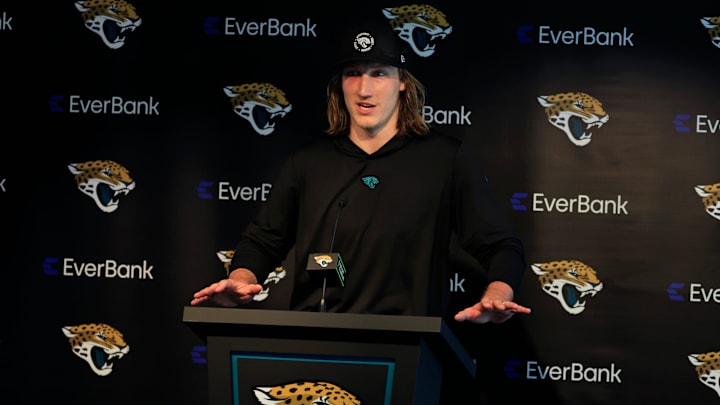 Jacksonville Jaguars quarterback Trevor Lawrence (16) speaks during a press conference at Miller Electric Center Wednesday, April 9, 2025 in Jacksonville, Fla. [Corey Perrine/Florida Times-Union]