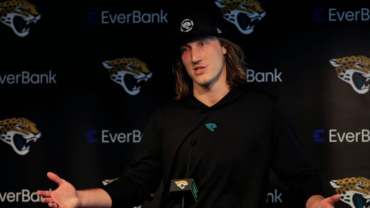 Jacksonville Jaguars quarterback Trevor Lawrence (16) speaks during a press conference at Miller Electric Center Wednesday, April 9, 2025 in Jacksonville, Fla. [Corey Perrine/Florida Times-Union]