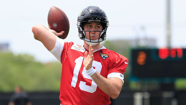 Jacksonville Jaguars quarterback Seth Henigan (19) throws the ball during a rookie minicamp at Miller Electric Center Saturday, May 10, 2025 in Jacksonville, Fla. [Corey Perrine/Florida Times-Union]