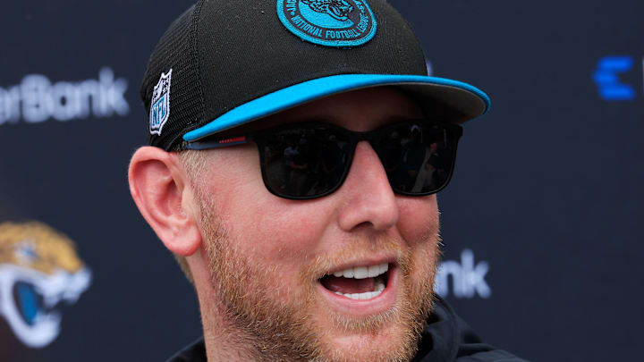 Jacksonville Jaguars head coach Liam Coen is interviewed by members of the media during a rookie minicamp at Miller Electric Center Saturday, May 10, 2025 in Jacksonville, Fla. [Corey Perrine/Florida Times-Union]