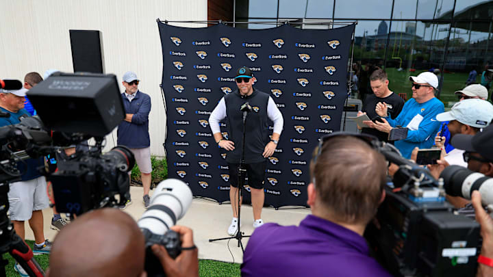 Jacksonville Jaguars head coach Liam Coen is interviewed by members of the media during a rookie minicamp at Miller Electric Center Saturday, May 10, 2025 in Jacksonville, Fla. [Corey Perrine/Florida Times-Union]
