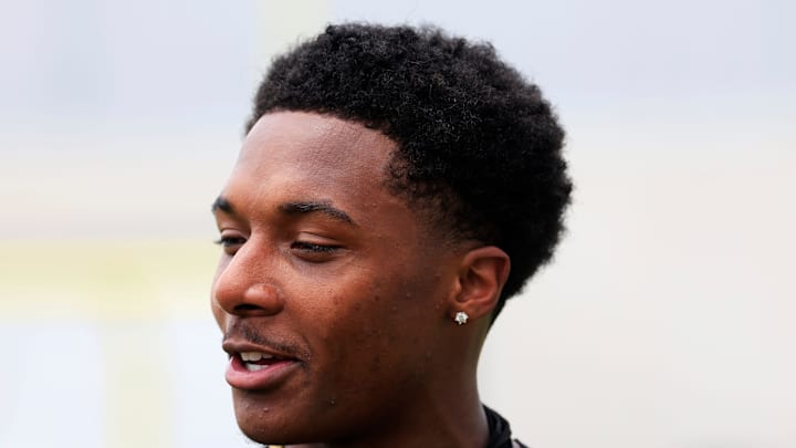Jacksonville Jaguars cornerback Caleb Ransaw (27) is interviewed during a rookie minicamp at Miller Electric Center Saturday, May 10, 2025 in Jacksonville, Fla. [Corey Perrine/Florida Times-Union]