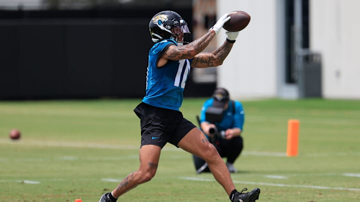 Jacksonville Jaguars wide receiver Eli Pancol (10) catches a pass during a rookie minicamp at Miller Electric Center Saturday, May 10, 2025 in Jacksonville, Fla. [Corey Perrine/Florida Times-Union]