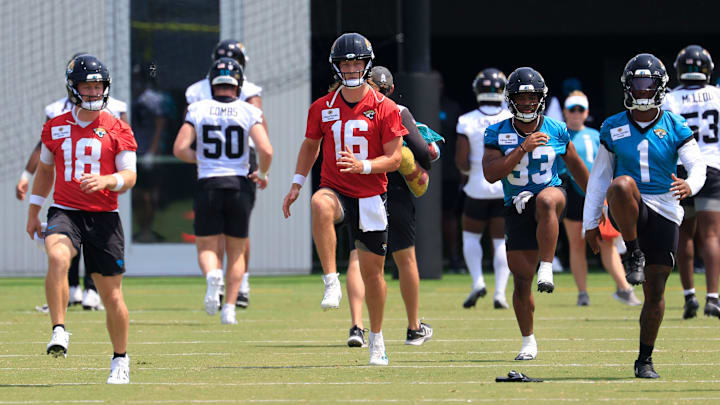 Jacksonville Jaguars quarterback Trevor Lawrence (16) warms up during the first organized team activity at Miller Electric Center Monday, May 19, 2025 in Jacksonville, Fla.