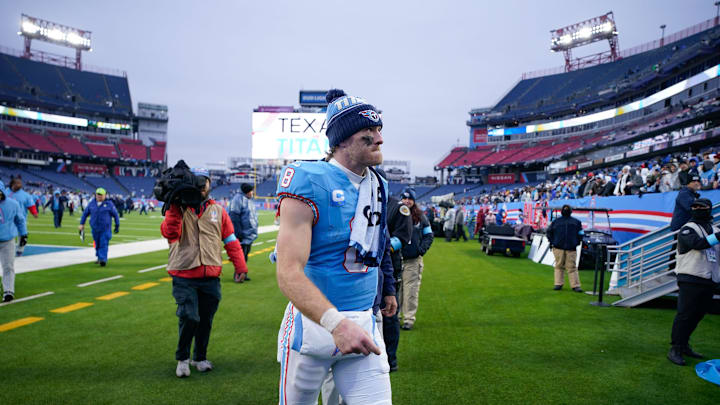 Tennessee Titans quarterback Will Levis (8) exits the field after the game with the Houston Texans at Nissan Stadium in Nashville, Tenn., Sunday, Jan. 5, 2025. Tennessee Titans quarterback Will Levis (8) exits the field after the game with the Houston Texans at Nissan Stadium in Nashville, Tenn., Sunday, Jan. 5, 2025.