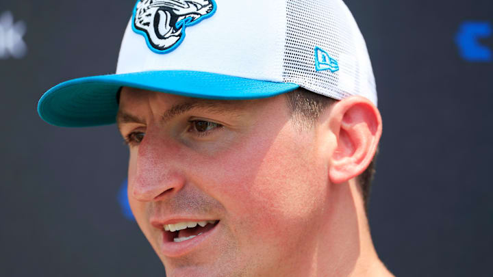 Jacksonville Jaguars offensive coordinator Grant Udinski answers questions from the media during the first organized team activity at Miller Electric Center Monday, May 19, 2025 in Jacksonville, Fla.