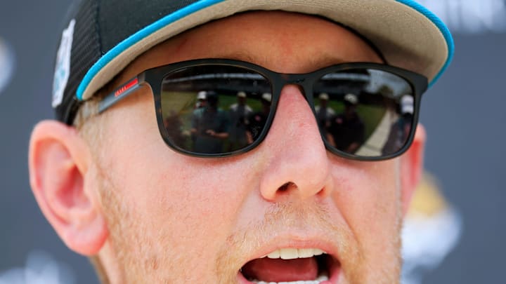 Jacksonville Jaguars head coach Liam Coen talks answers questions from the media during the first organized team activity at Miller Electric Center Monday, May 19, 2025 in Jacksonville, Fla.