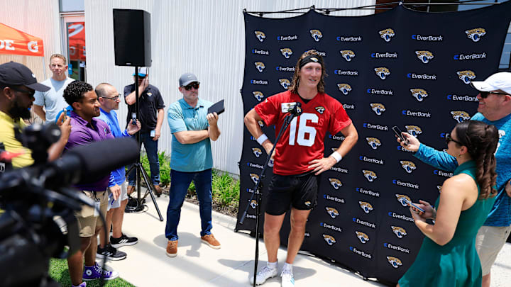 Jacksonville Jaguars quarterback Trevor Lawrence (16) answers questions from the media during the first organized team activity at Miller Electric Center Monday, May 19, 2025 in Jacksonville, Fla.