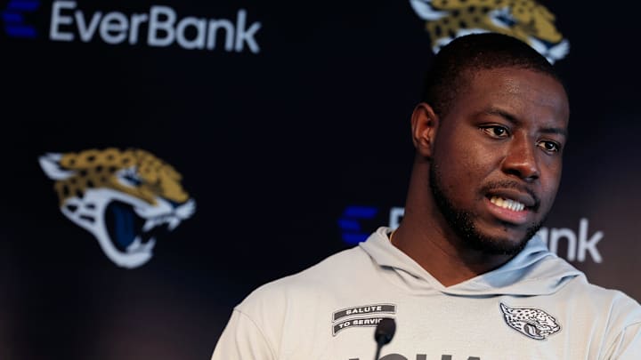 Jacksonville Jaguars linebacker Foyesade Oluokun (23) speaks during a press conference at Miller Electric Center Wednesday, April 9, 2025 in Jacksonville, Fla. [Corey Perrine/Florida Times-Union]