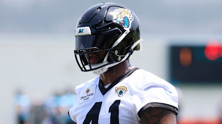 Jacksonville Jaguars defensive end Josh Hines-Allen (41) looks on during the first organized team activity at Miller Electric Center Monday, May 19, 2025 in Jacksonville, Fla. Jacksonville Jaguars defensive end Josh Hines-Allen (41) looks on during the first organized team activity at Miller Electric Center Monday, May 19, 2025 in Jacksonville, Fla.