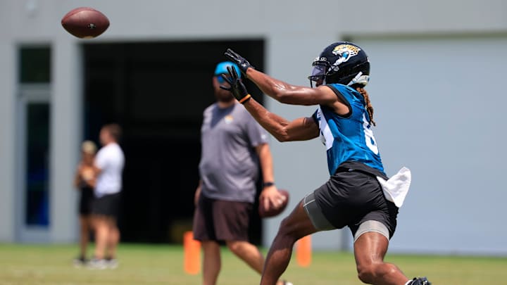 Jacksonville Jaguars wide receiver Joshua Cephus (80) catches a pass during the first organized team activity at Miller Electric Center Monday, May 19, 2025 in Jacksonville, Fla. Jacksonville Jaguars wide receiver Joshua Cephus (80) catches a pass during the first organized team activity at Miller Electric Center Monday, May 19, 2025 in Jacksonville, Fla.