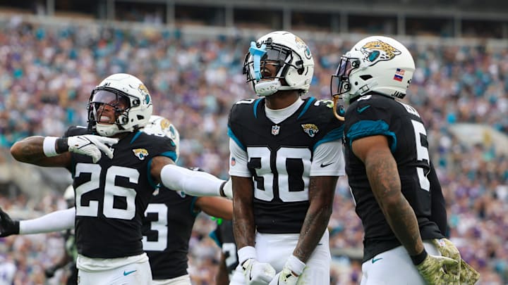 Jacksonville Jaguars cornerback Montaric Brown (30) celebrates his interception during the second quarter an NFL football matchup Sunday, Nov. 10, 2024 at Everbank Stadium in Jacksonville, Fla. [Corey Perrine/Florida Times-Union]
