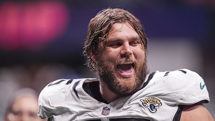 Aug 23, 2024; Atlanta, Georgia, USA; Jacksonville Jaguars offensive tackle Cooper Hodges (75) shown on the field against the Atlanta Falcons at Mercedes-Benz Stadium. Mandatory Credit: Dale Zanine-Imagn Images Aug 23, 2024; Atlanta, Georgia, USA; Jacksonville Jaguars offensive tackle Cooper Hodges (75) shown on the field against the Atlanta Falcons at Mercedes-Benz Stadium. Mandatory Credit: Dale Zanine-Imagn Images