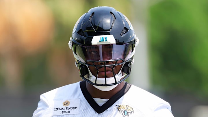 Jacksonville Jaguars defensive end Travon Walker (44) looks on during the first organized team activity at Miller Electric Center Monday, May 19, 2025 in Jacksonville, Fla.