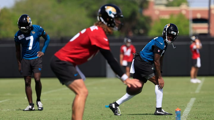 Jacksonville Jaguars wide receiver Dyami Brown (5) looks to quarterback Trevor Lawrence (16) during the 10th organized team activity at Miller Electric Center Wednesday, June 4, 2025 in Jacksonville, Fla. [Corey Perrine/Florida Times-Union]