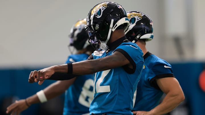 Jacksonville Jaguars wide receiver Travis Hunter (12) dances during the 10th organized team activity at Miller Electric Center Wednesday, June 4, 2025 in Jacksonville, Fla. [Corey Perrine/Florida Times-Union]