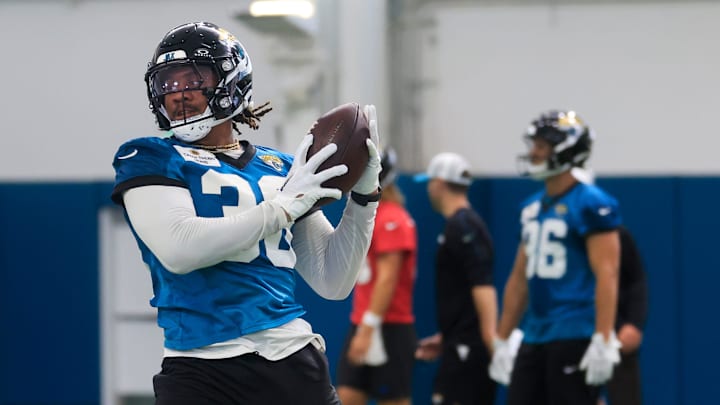 Jacksonville Jaguars running back Ja'Quinden Jackson (38) catches a pass during the 10th organized team activity at Miller Electric Center Wednesday, June 4, 2025 in Jacksonville, Fla. [Corey Perrine/Florida Times-Union]