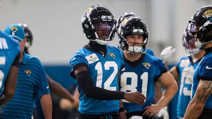Jacksonville Jaguars wide receiver Travis Hunter (12) looks on during the 10th organized team activity at Miller Electric Center Wednesday, June 4, 2025 in Jacksonville, Fla. [Corey Perrine/Florida Times-Union]