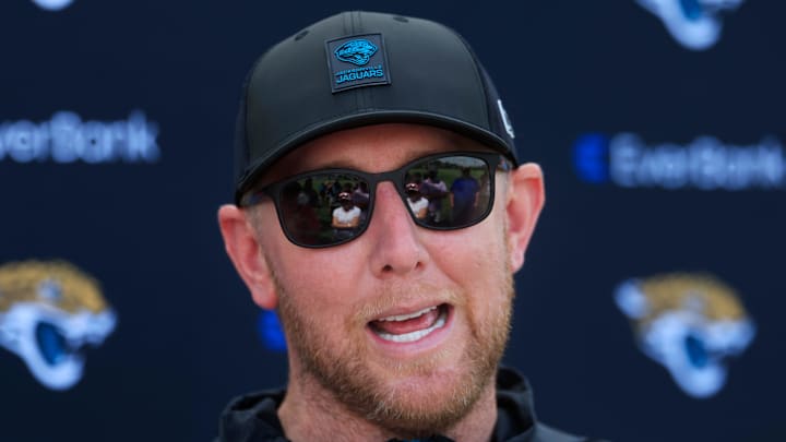 Jacksonville Jaguars head coach Liam Coen talks to members of the media during the 10th organized team activity at Miller Electric Center Wednesday, June 4, 2025 in Jacksonville, Fla. [Corey Perrine/Florida Times-Union]