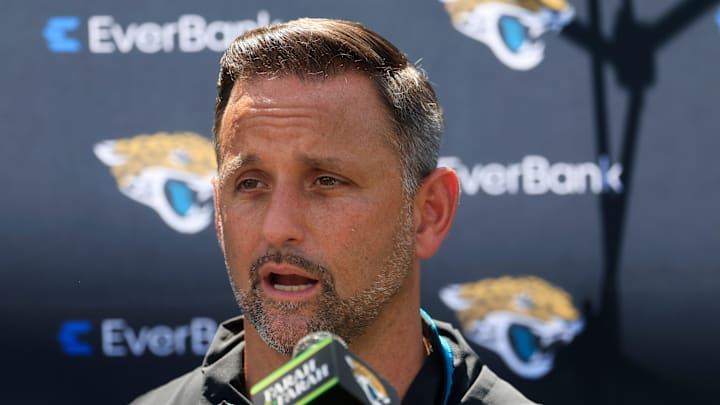 Jacksonville Jaguars defensive coordinator Anthony Campanile speaks to members of the media during the second mandatory minicamp at Miller Electric Center Wednesday, June 11, 2025 in Jacksonville, Fla.