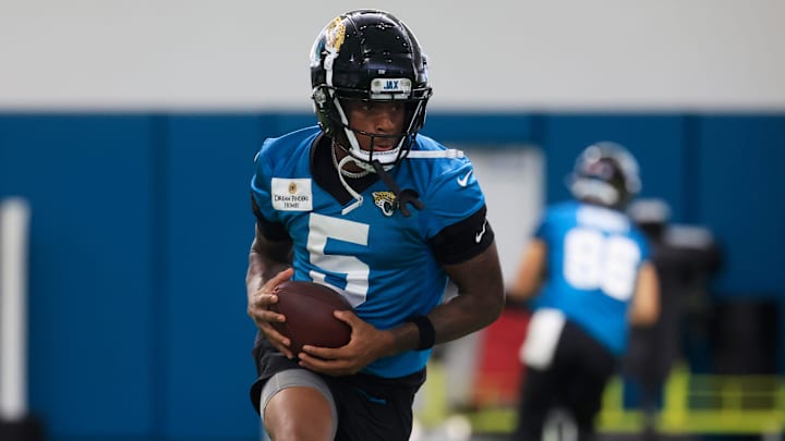 Jacksonville Jaguars wide receiver Dyami Brown (5) runs the ball during the 10th organized team activity at Miller Electric Center Wednesday, June 4, 2025 in Jacksonville, Fla. [Corey Perrine/Florida Times-Union]