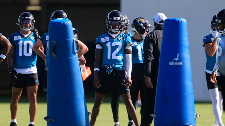 Jacksonville Jaguars wide receiver Travis Hunter (12) looks on during the second mandatory minicamp at Miller Electric Center Wednesday, June 11, 2025 in Jacksonville, Fla.