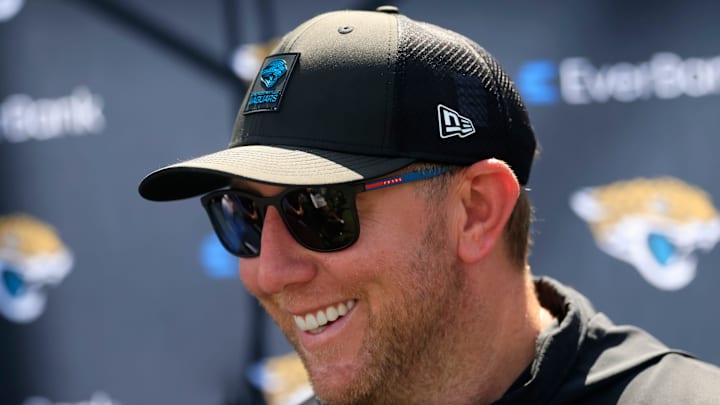 Jacksonville Jaguars head coach Liam Coen speaks to members of the media during the second mandatory minicamp at Miller Electric Center Wednesday, June 11, 2025 in Jacksonville, Fla.