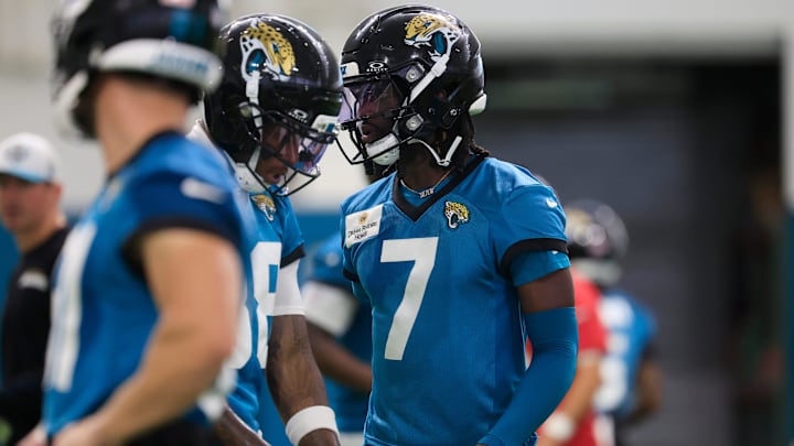 Jacksonville Jaguars wide receiver Brian Thomas Jr. (7) looks on during the 10th organized team activity at Miller Electric Center Wednesday, June 4, 2025 in Jacksonville, Fla. [Corey Perrine/Florida Times-Union]
