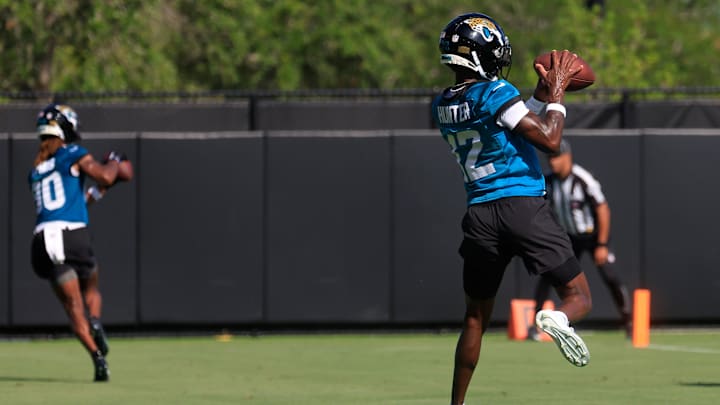 Jacksonville Jaguars wide receiver Travis Hunter (12) catches a pass during the second mandatory minicamp at Miller Electric Center Wednesday, June 11, 2025 in Jacksonville, Fla. Jacksonville Jaguars wide receiver Travis Hunter (12) catches a pass during the second mandatory minicamp at Miller Electric Center Wednesday, June 11, 2025 in Jacksonville, Fla.
