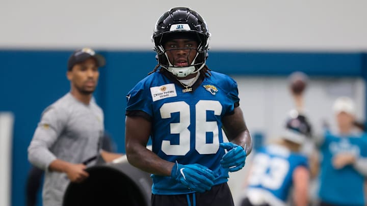 Jacksonville Jaguars running back LeQuint Allen Jr. (36) looks on during the 10th organized team activity at Miller Electric Center Wednesday, June 4, 2025 in Jacksonville, Fla. [Corey Perrine/Florida Times-Union]