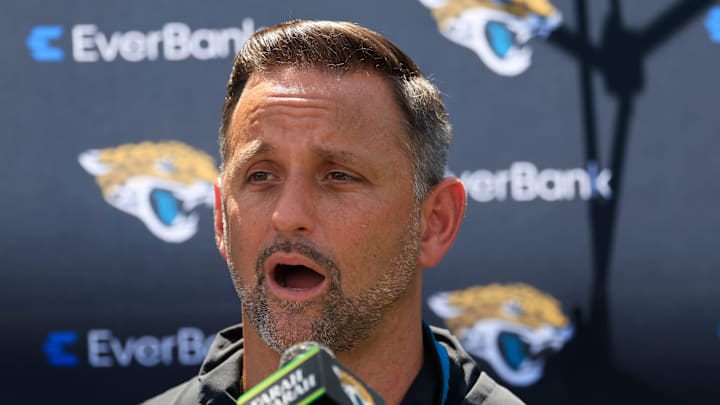 Jacksonville Jaguars defensive coordinator Anthony Campanile speaks to members of the media during the second mandatory minicamp at Miller Electric Center Wednesday, June 11, 2025 in Jacksonville, Fla.