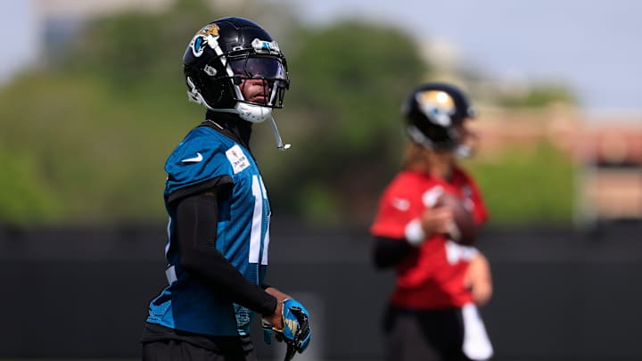 Jacksonville Jaguars wide receiver Travis Hunter (12) looks on during the 10th organized team activity at Miller Electric Center Wednesday, June 4, 2025 in Jacksonville, Fla. [Corey Perrine/Florida Times-Union]