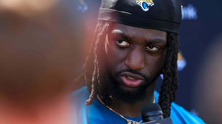 Jacksonville Jaguars wide receiver Brian Thomas Jr. (7) answers questions from the media during the 10th organized team activity at Miller Electric Center Wednesday, June 4, 2025 in Jacksonville, Fla. [Corey Perrine/Florida Times-Union]