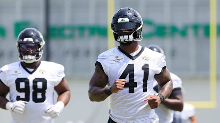 Jacksonville Jaguars defensive end Josh Hines-Allen (41) runs on the field during the first organized team activity at Miller Electric Center Monday, May 19, 2025 in Jacksonville, Fla. Jacksonville Jaguars defensive end Josh Hines-Allen (41) runs on the field during the first organized team activity at Miller Electric Center Monday, May 19, 2025 in Jacksonville, Fla.