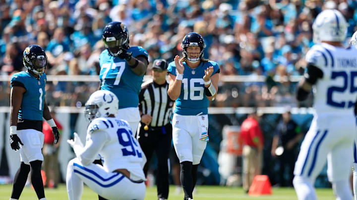 Jacksonville Jaguars quarterback Trevor Lawrence (16) reacts to a false start by Indianapolis Colts defensive tackle DeForest Buckner (99) during the first quarter of an NFL football matchup Sunday, Oct. 15, 2023 at EverBank Stadium in Jacksonville, Fla. The Jacksonville Jaguars defeated the Indianapolis Colts 37-20. [Corey Perrine/Florida Times-Union]
