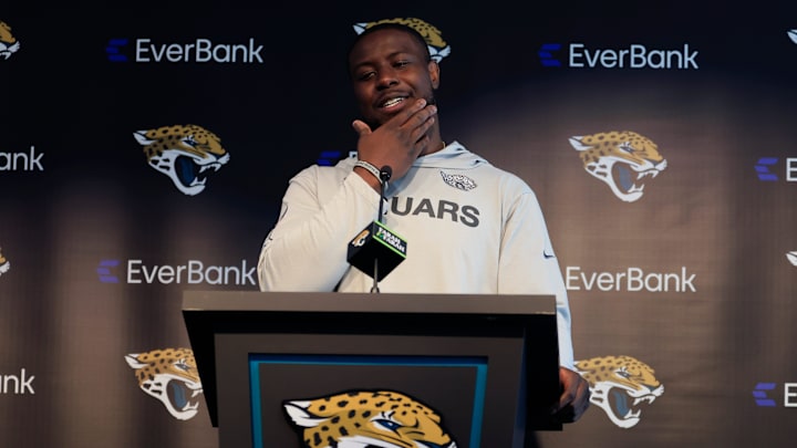 Jacksonville Jaguars linebacker Foyesade Oluokun (23) speaks during a press conference at Miller Electric Center Wednesday, April 9, 2025 in Jacksonville, Fla. [Corey Perrine/Florida Times-Union]