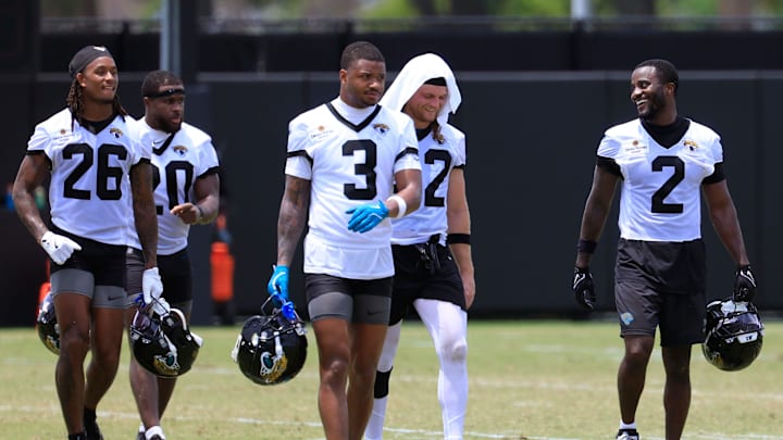 From left, Jacksonville Jaguars safety Antonio Johnson (26), safety Daniel Thomas (20), cornerback Tyson Campbell (3), safety Andrew Wingard (42) and cornerback Jourdan Lewis (2) walk off the field during the first organized team activity at Miller Electric Center Monday, May 19, 2025 in Jacksonville, Fla. From left, Jacksonville Jaguars safety Antonio Johnson (26), safety Daniel Thomas (20), cornerback Tyson Campbell (3), safety Andrew Wingard (42) and cornerback Jourdan Lewis (2) walk off the field during the first organized team activity at Miller Electric Center Monday, May 19, 2025 in Jacksonville, Fla.