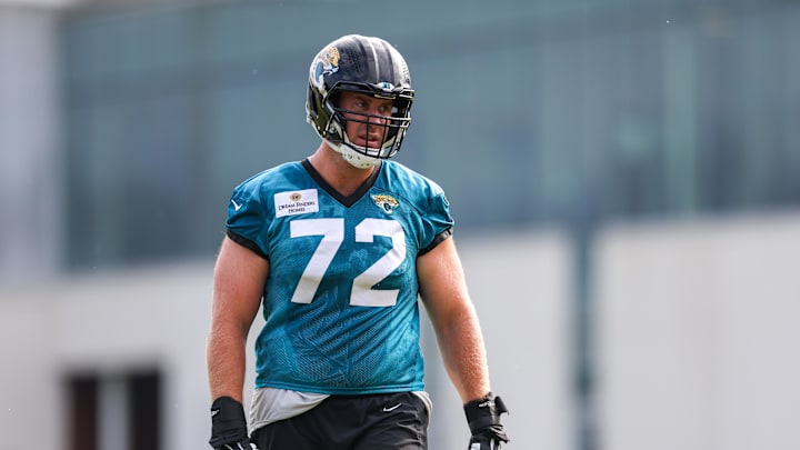 Jul 26, 2024; Jacksonville, FL, USA; Jacksonville Jaguars offensive tackle Walker Little (72) participates in training camp at Miller Electric Center. Mandatory Credit: Nathan Ray Seebeck-Imagn Images
