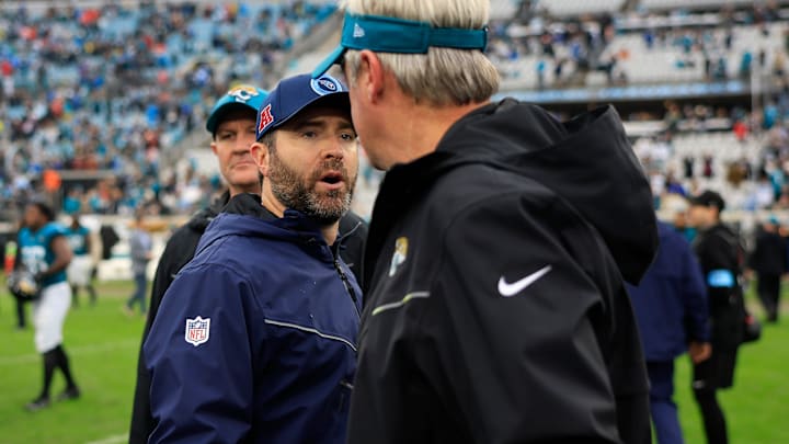 Tennessee Titans head coach Brian Callahan talks with Jacksonville Jaguars head coach Doug Pederson after the game Sunday, Dec. 29, 2024 at EverBank Stadium in Jacksonville, Fla. The Jaguars held off the Titans 20-13. [Corey Perrine/Florida Times-Union]