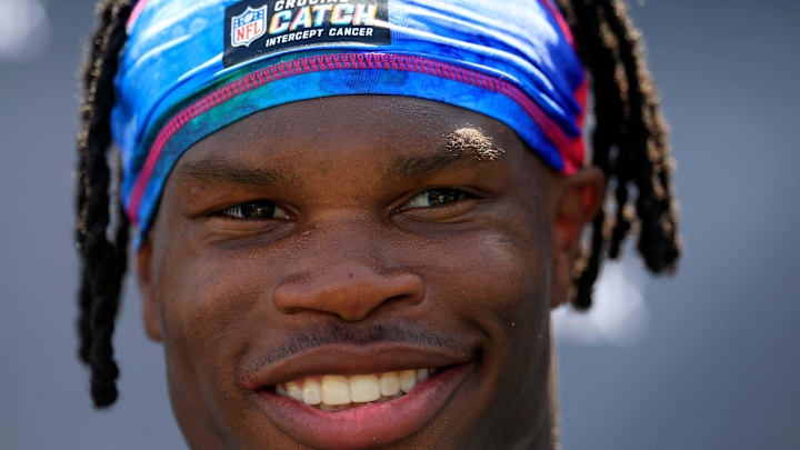 Jacksonville Jaguars wide receiver Travis Hunter (12) speaks to members of the media during the second mandatory minicamp at Miller Electric Center Wednesday, June 11, 2025 in Jacksonville, Fla.