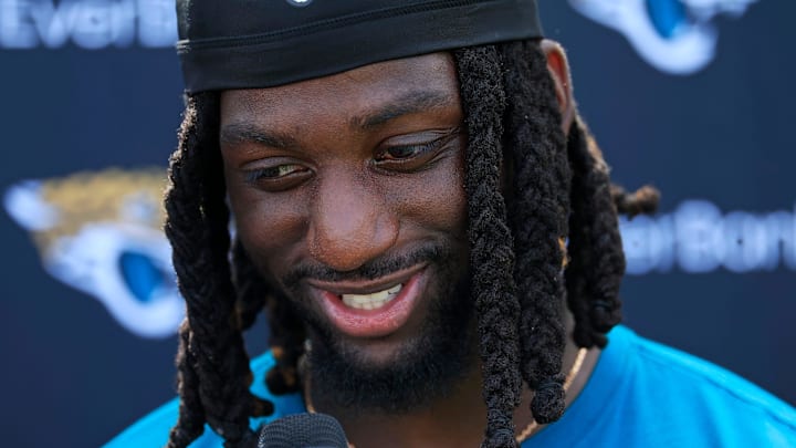 Jacksonville Jaguars wide receiver Brian Thomas Jr. (7) answers questions from the media during the 10th organized team activity at Miller Electric Center Wednesday, June 4, 2025 in Jacksonville, Fla. [Corey Perrine/Florida Times-Union]