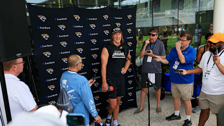 Jacksonville Jaguars quarterback Trevor Lawrence (16) answers questions from the media after an NFL training camp session at the Miller Electric Center, Wednesday, July 23, 2025, in Jacksonville, Fla. [Corey Perrine/Florida Times-Union]