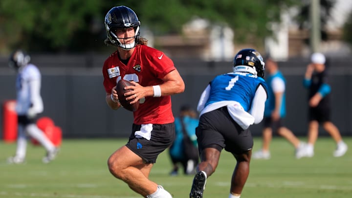 Jacksonville Jaguars quarterback Trevor Lawrence (16) looks to pass during an NFL training camp session at the Miller Electric Center, Wednesday, July 23, 2025, in Jacksonville, Fla. [Corey Perrine/Florida Times-Union]