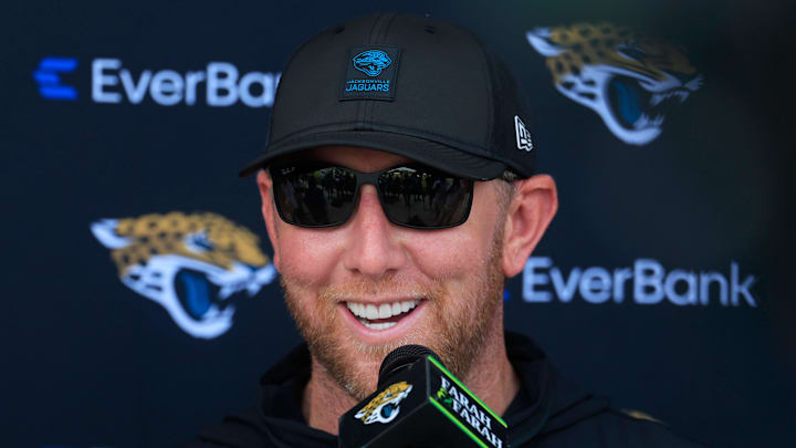 Jacksonville Jaguars head coach Liam Coen speaks to members of the media after an NFL training camp session at the Miller Electric Center, Wednesday, July 23, 2025, in Jacksonville, Fla. [Corey Perrine/Florida Times-Union]