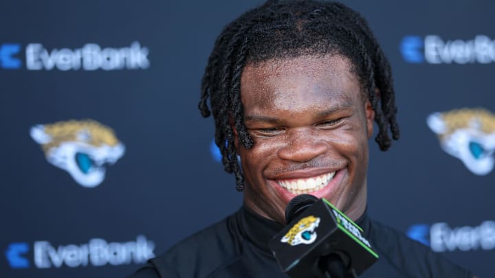 Jul 25, 2025; Jacksonville, FL, USA; Jacksonville Jaguars wide receiver Travis Hunter (12) talks to media after training camp at Miller Electric Center. Mandatory Credit: Nathan Ray Seebeck-Imagn Images Jul 25, 2025; Jacksonville, FL, USA; Jacksonville Jaguars wide receiver Travis Hunter (12) talks to media after training camp at Miller Electric Center. Mandatory Credit: Nathan Ray Seebeck-Imagn Images