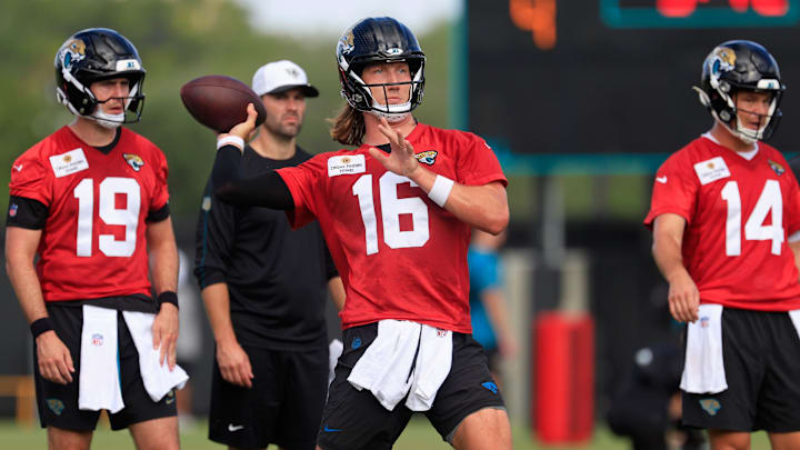 Jacksonville Jaguars quarterback Trevor Lawrence (16) throws the ball during an NFL training camp session at the Miller Electric Center, Friday, July 25, 2025, in Jacksonville, Fla. [Corey Perrine/Florida Times-Union]