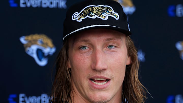 Jacksonville Jaguars quarterback Trevor Lawrence (16) answers questions from the media after an NFL training camp session at the Miller Electric Center, Wednesday, July 23, 2025, in Jacksonville, Fla. [Corey Perrine/Florida Times-Union]