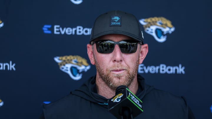 Jul 23, 2025; Jacksonville, FL, USA; Jacksonville Jaguars head coach Liam Coen talks to media after training camp at Miller Electric Center. Mandatory Credit: Nathan Ray Seebeck-Imagn Images
