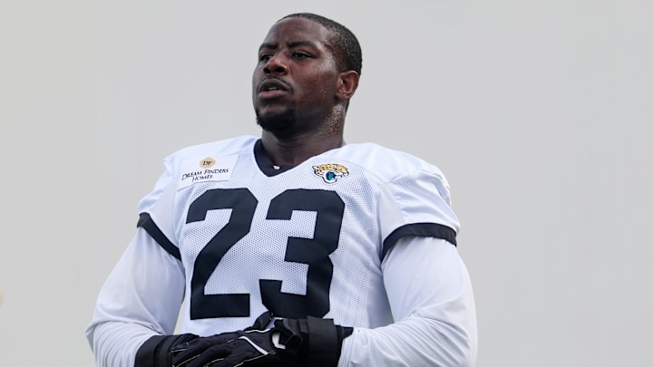 Jacksonville Jaguars linebacker Foyesade Oluokun (23) warms up during an NFL training camp session at the Miller Electric Center, Friday, July 25, 2025, in Jacksonville, Fla. [Corey Perrine/Florida Times-Union]